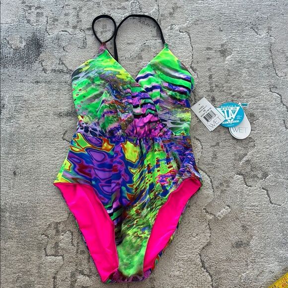 Green and Pink One Piece Swimsuit with Vibrant Design - Picture 1 of 11